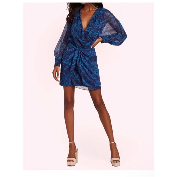 Amanda Uprichard Blue Abstract Wrap Mini Dress Long Sleeve Size Large Amanda Uprichard Blue Abstract Wrap Mini Dress Long Sleeve Size Large